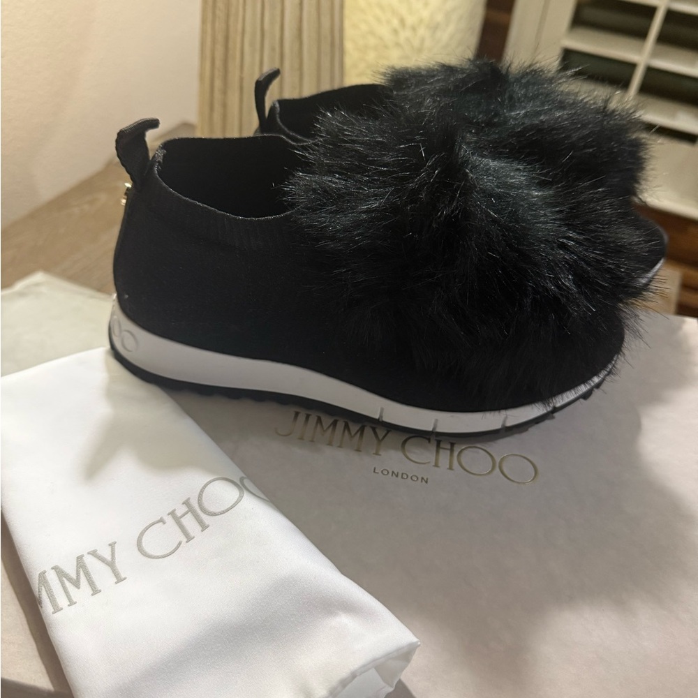 Jimmy Choo Black Sneakers with Fur pom pom Accents!!!